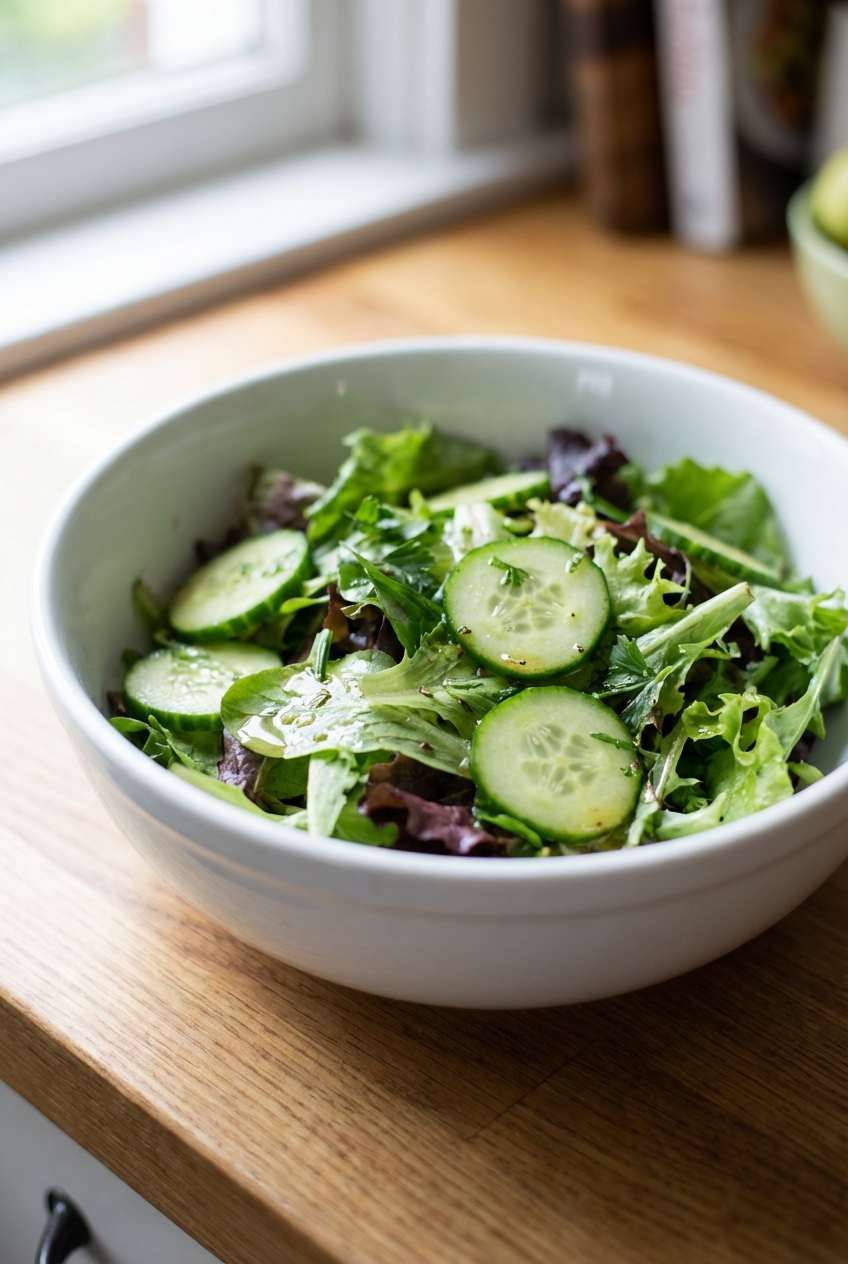 A simple green salad with cucumbers and a light vinaigrette in a white bowl