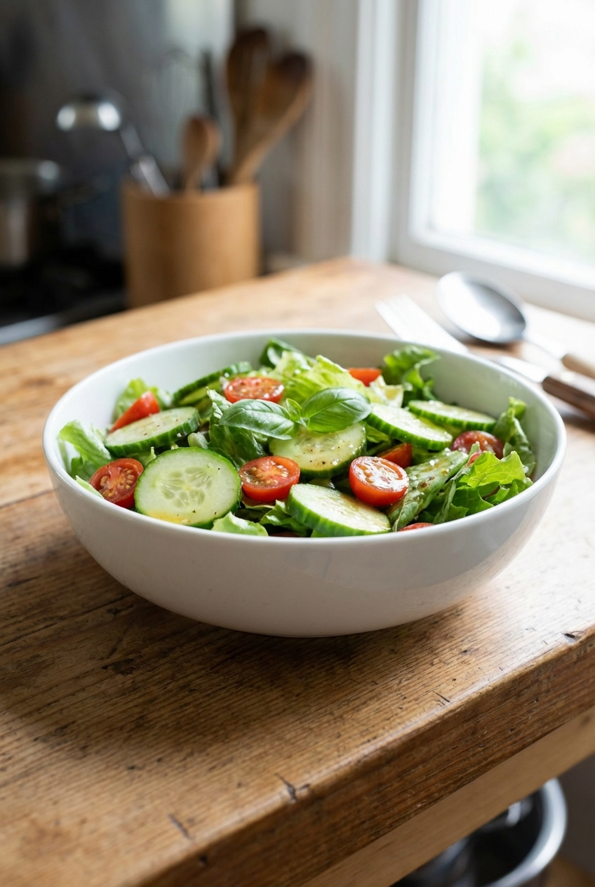 A simple green salad with cucumbers and tomatoes in a white bowl