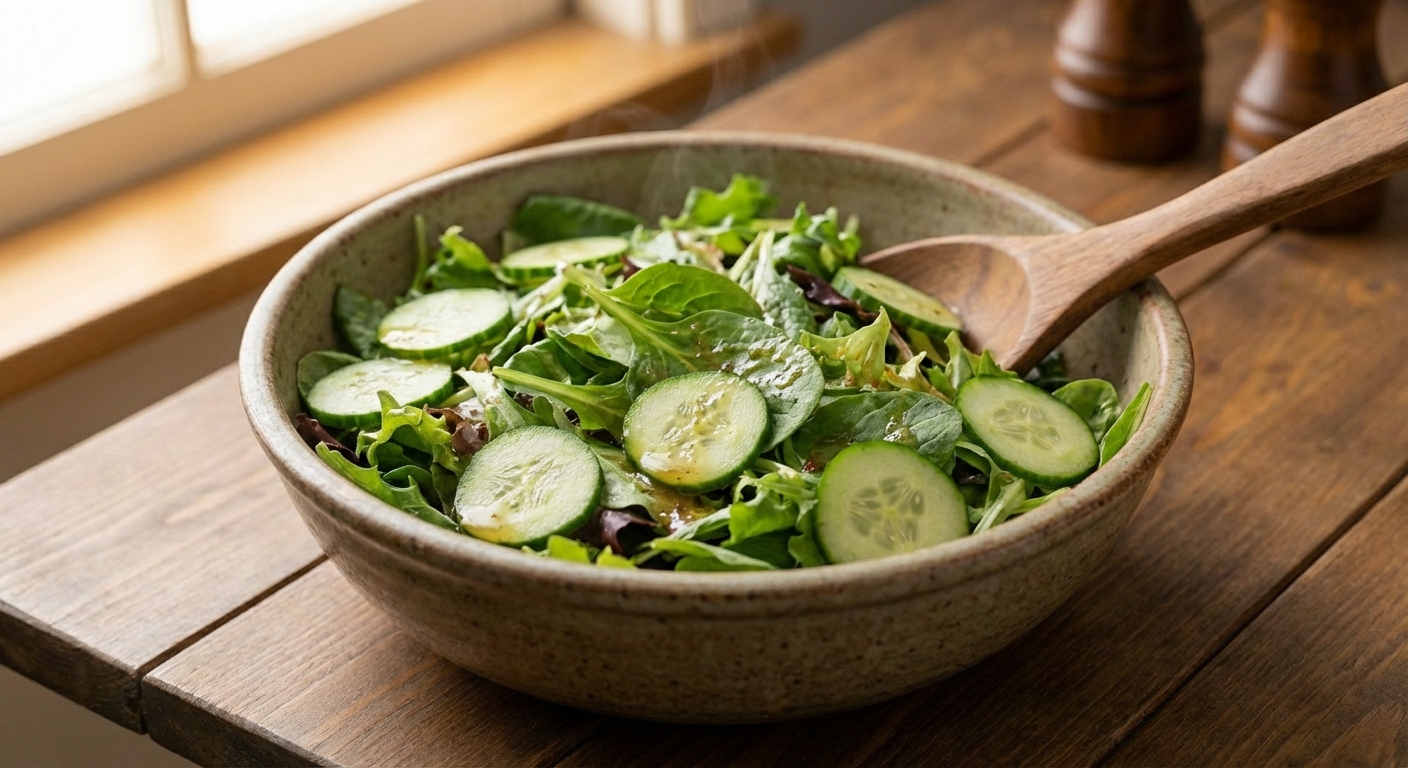 A simple green salad with cucumbers and vinaigrette in a large bowl