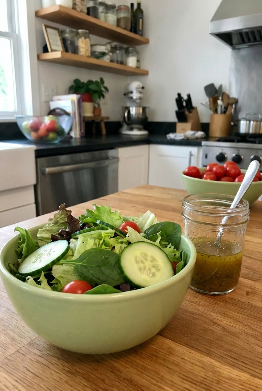 A simple green salad with cucumbers and vinaigrette