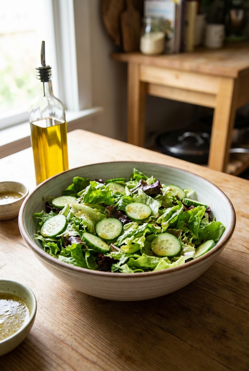 A simple green salad with cucumbers and vinaigrette in a large bowl