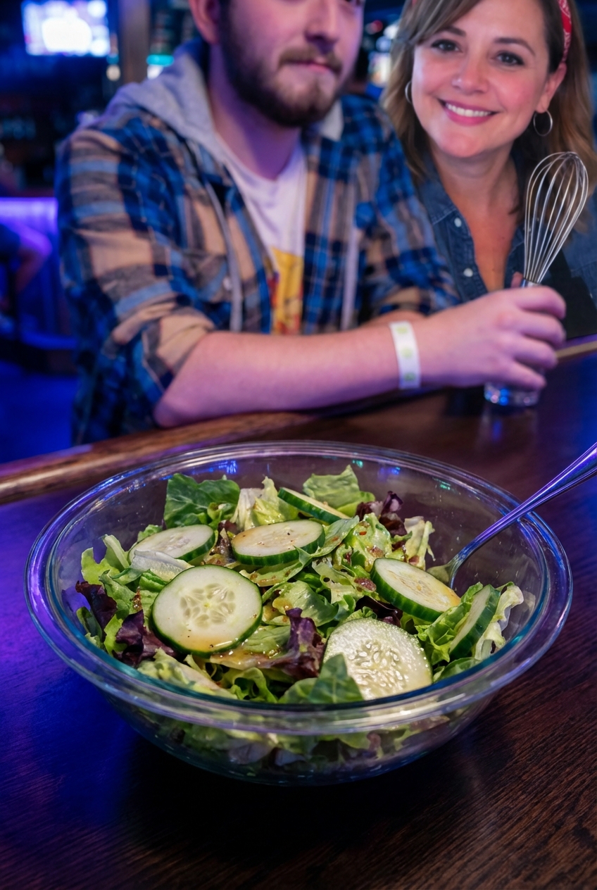 A simple green salad with cucumbers and vinaigrette in a bowl