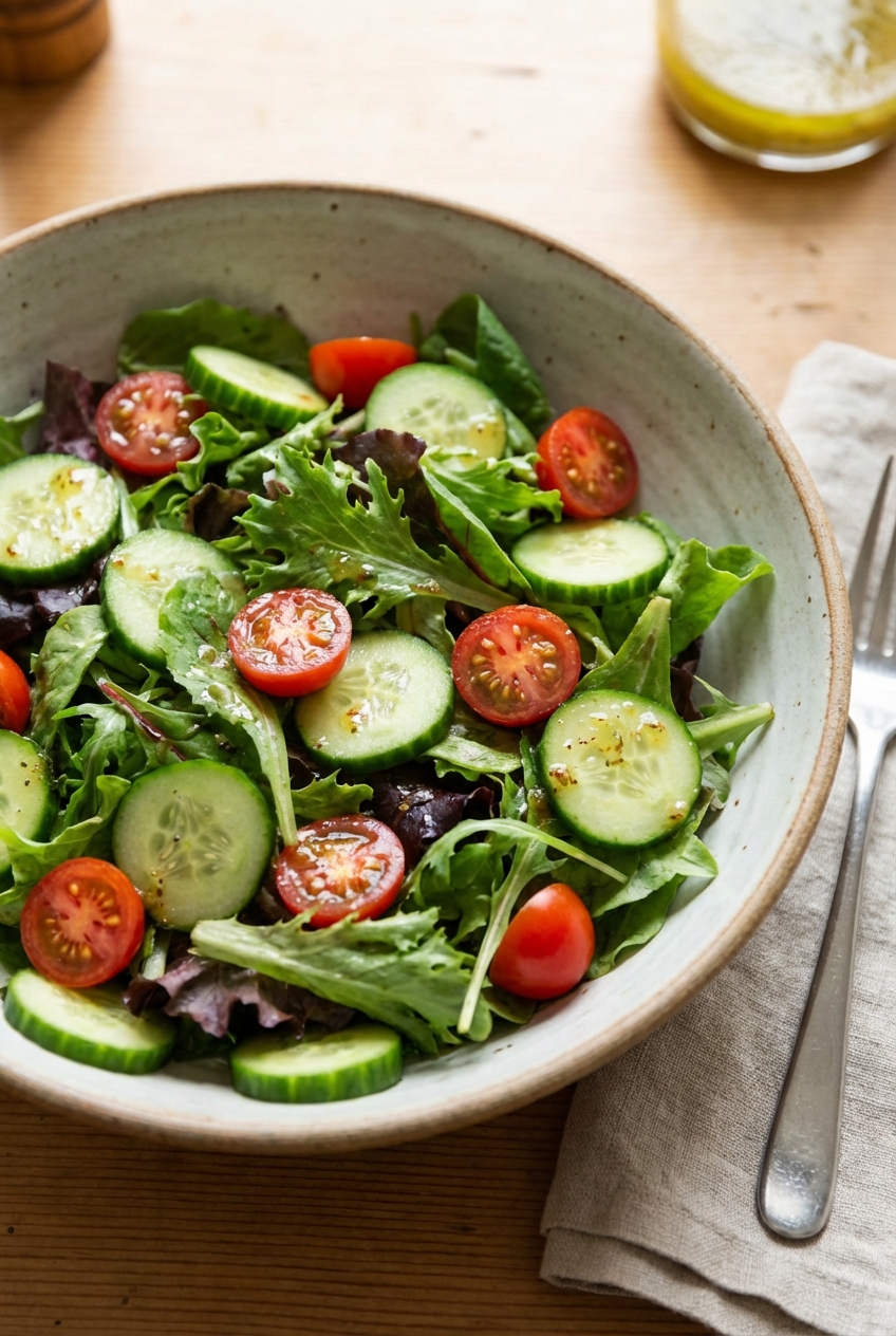 A simple green salad with cucumbers, cherry tomatoes, and a light vinaigrette in a large bowl