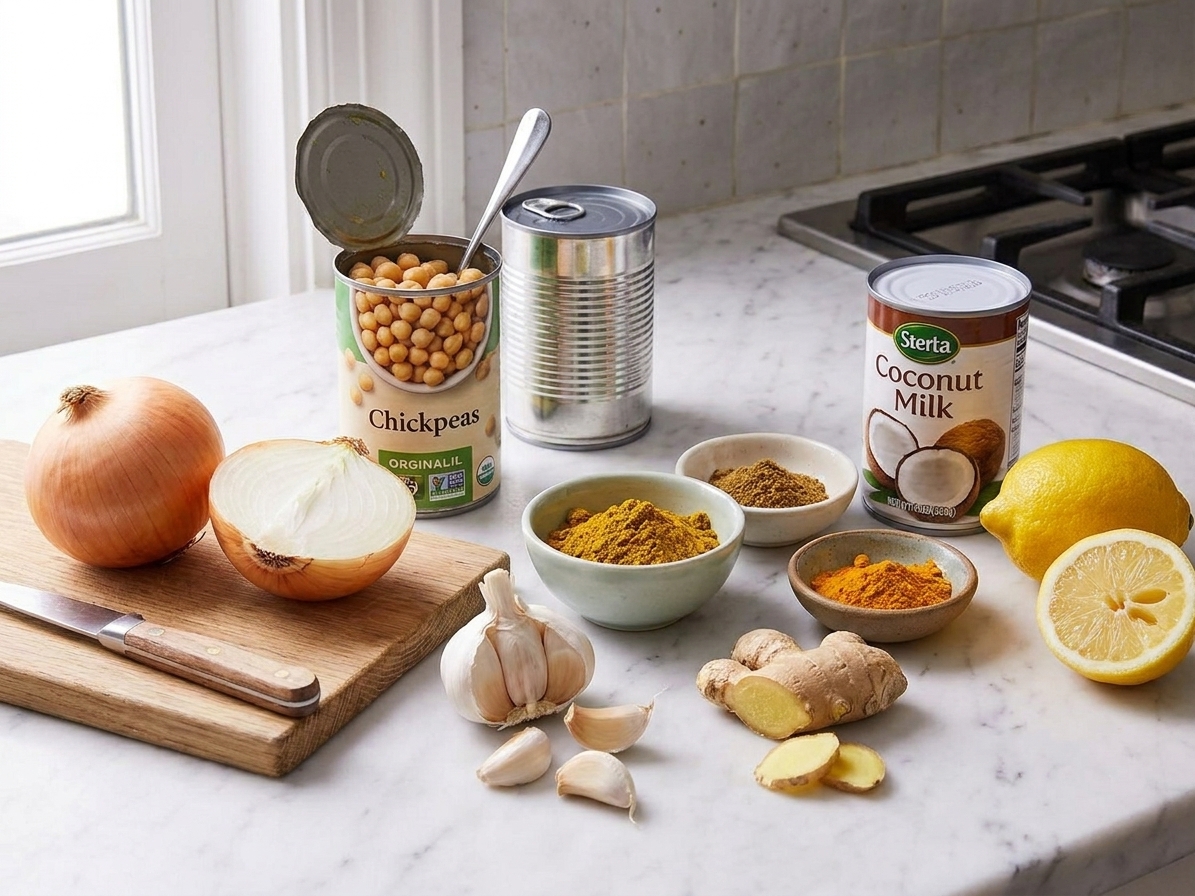 A simple ingredient setup on a kitchen counter with canned chickpeas, an onion, garlic, ginger, curry spices, coconut milk, and a lemon ready for cooking