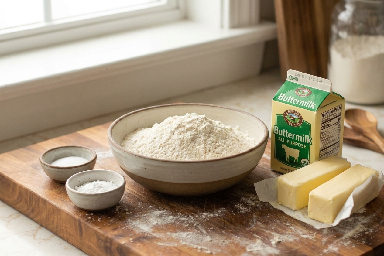 A simple ingredient setup on a wooden counter with a carton of buttermilk, sticks of butter, a bowl of flour, and small bowls of salt and baking powder