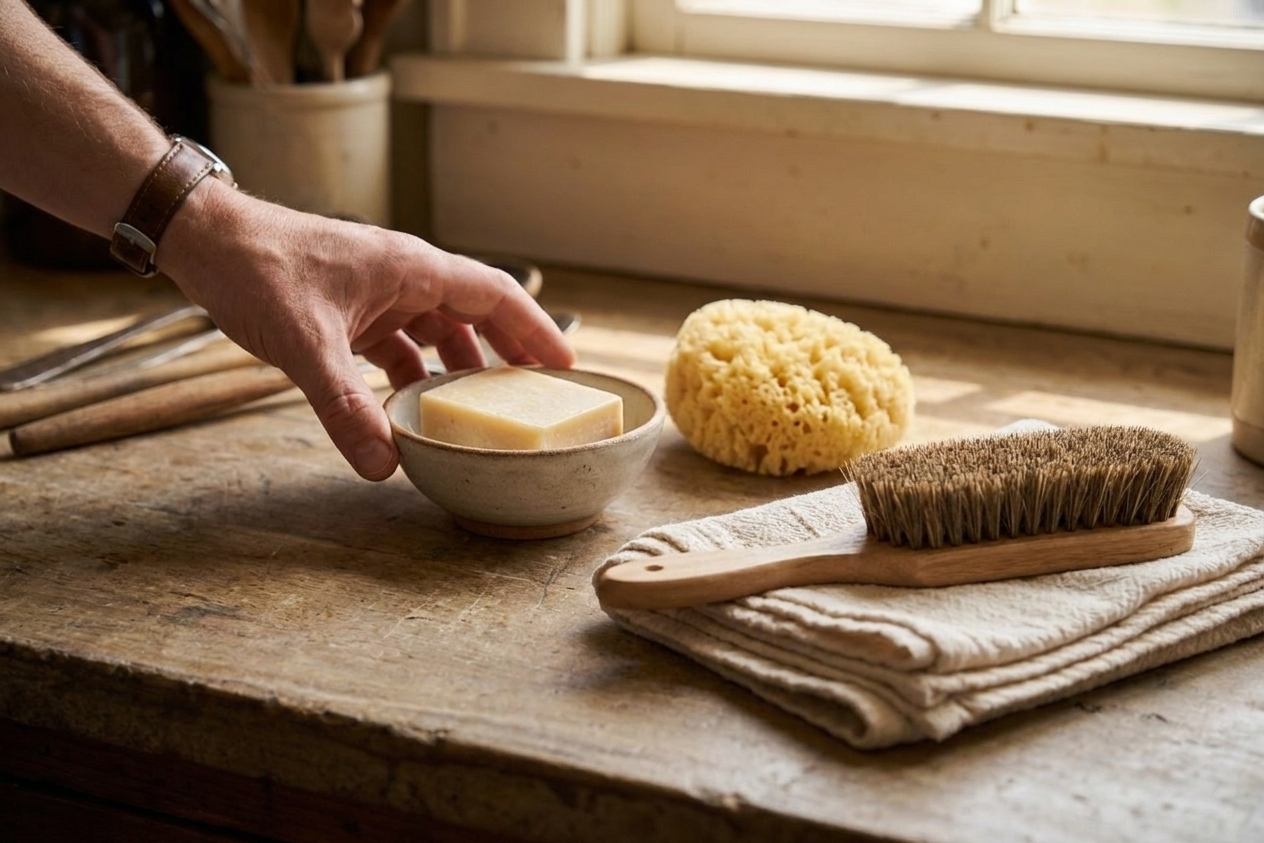 A simple kitchen counter setup with mild soap, a small bowl, a clean sponge, soft cloths, and a horsehair brush laid out neatly under warm indoor light