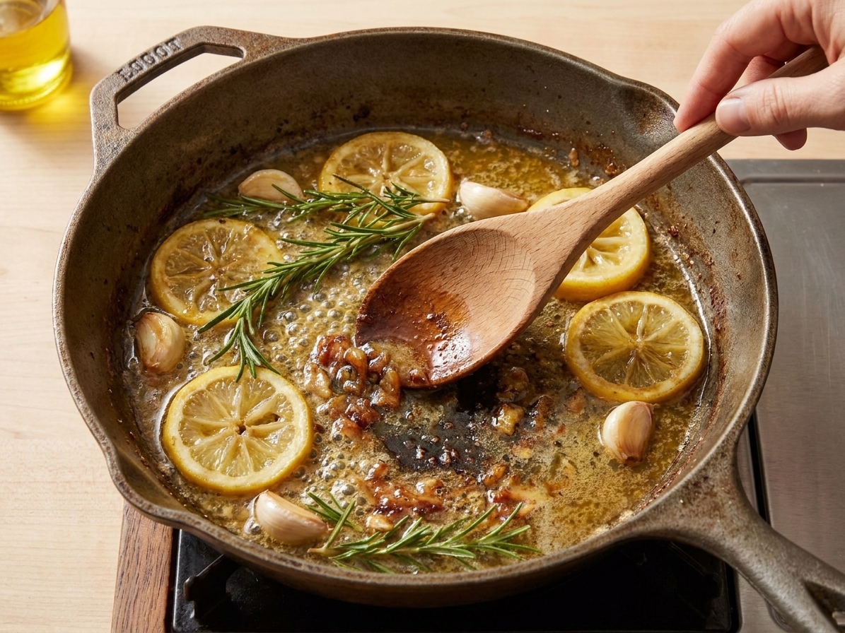 A simple lemon-garlic pan sauce simmering in the same skillet used to roast the chicken, with browned bits being scraped up with a wooden spoon