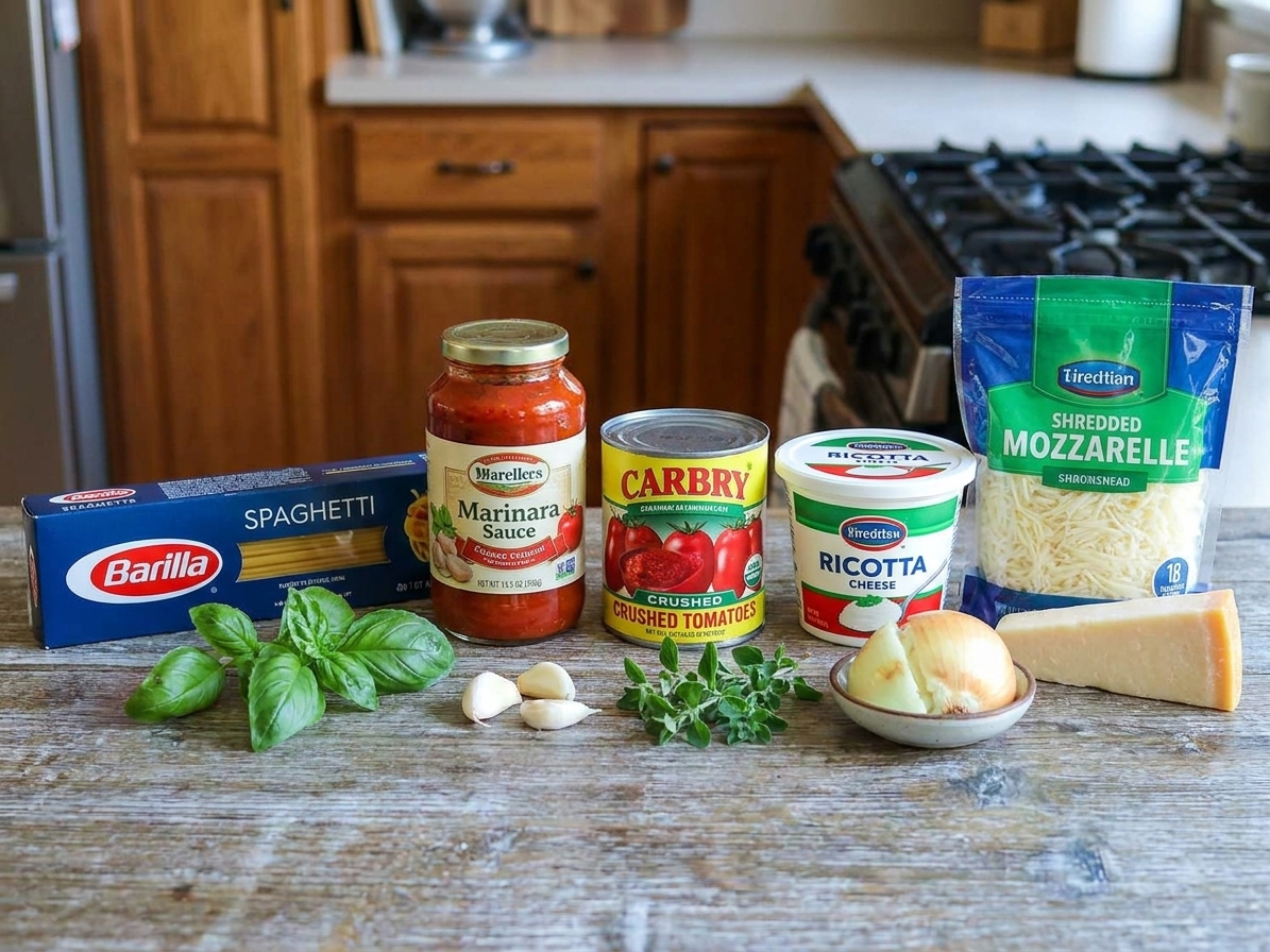 A simple lineup of ingredients for baked spaghetti including spaghetti, marinara, crushed tomatoes, ricotta, mozzarella, Parmesan, onion, garlic, and herbs arranged on a kitchen counter