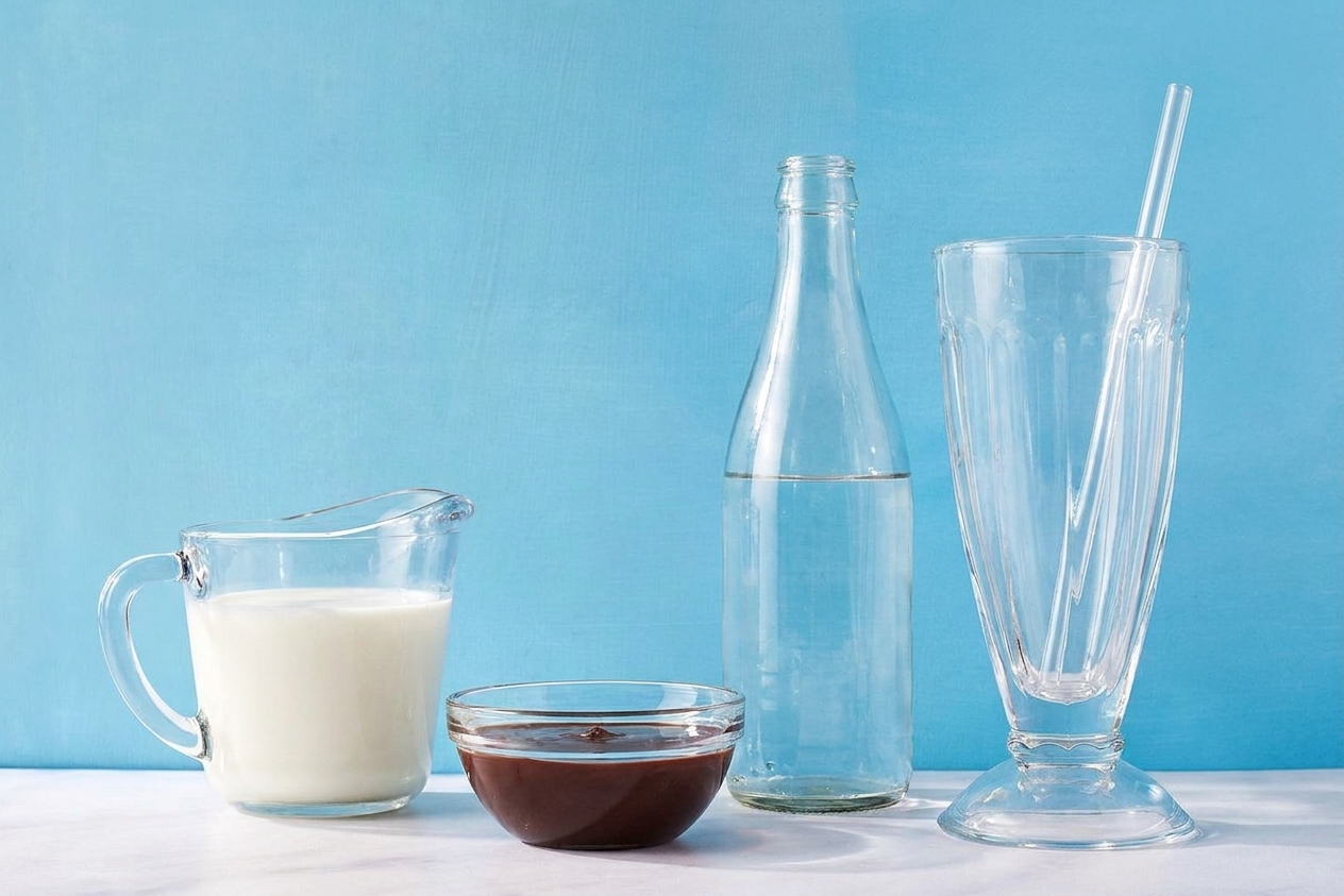 A simple lineup of ingredients on a kitchen counter: cold milk, a bottle of seltzer, and chocolate syrup beside a tall glass