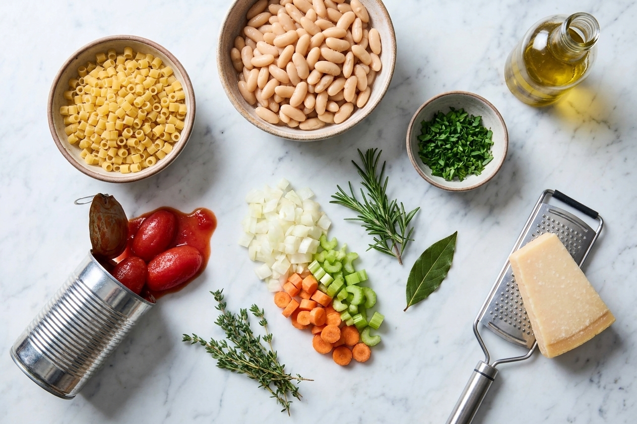 A simple lineup of pasta e fagioli ingredients including beans, pasta, tomatoes, aromatics, herbs, olive oil, and Parmesan