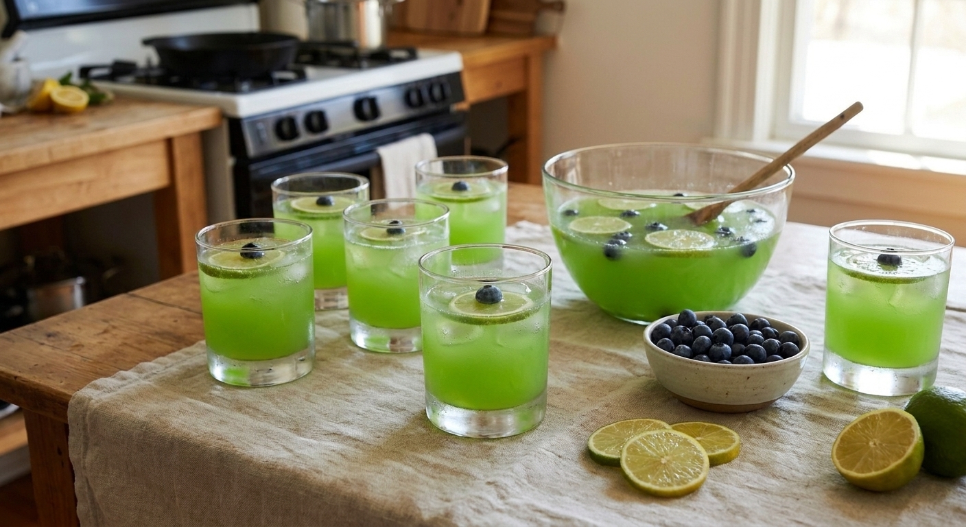 A simple party table setting with several glasses of bright green punch, a bowl of blueberries, and lime slices on a neutral tablecloth in warm indoor light