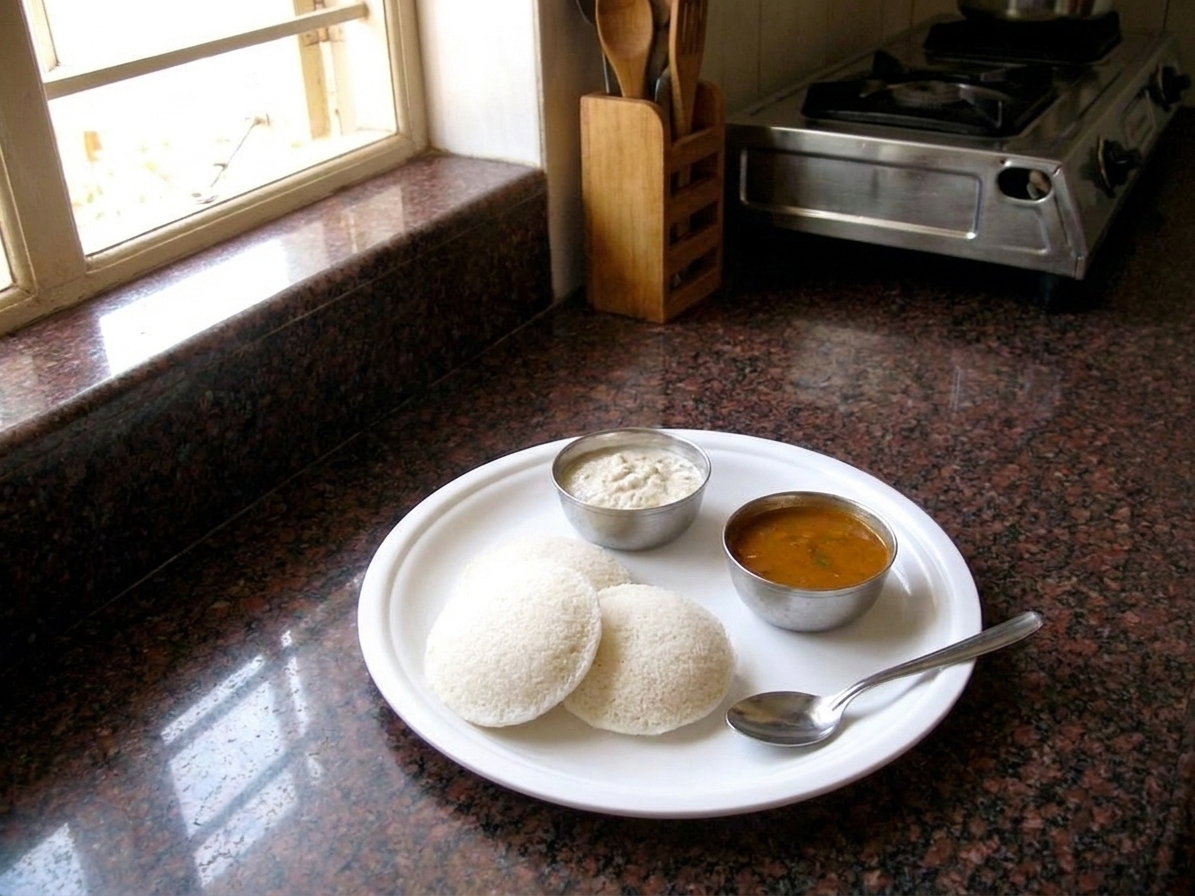 A simple plate of fluffy idli served with coconut chutney and sambar in small bowls on a wooden table