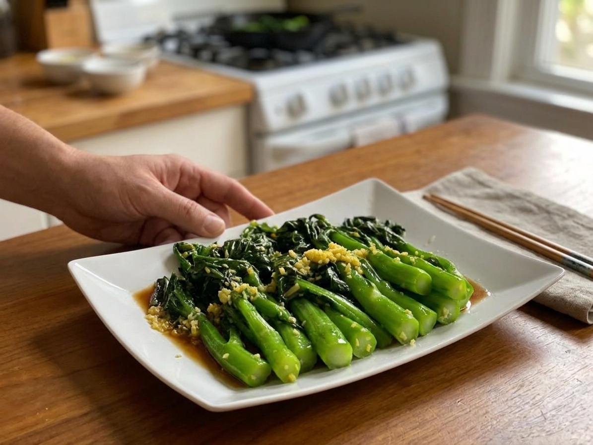 A simple plated serving of garlic-ginger Chinese broccoli with glossy sauce on a white plate at a dinner table