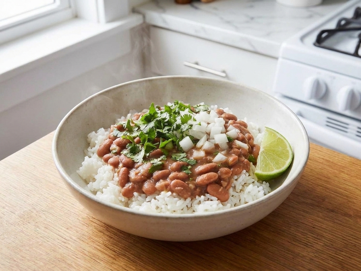 A simple rice bowl topped with Mexican pinto beans, chopped cilantro, and a lime wedge on a wooden table