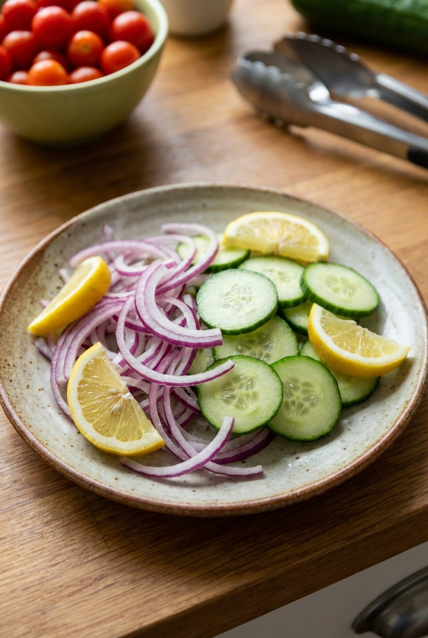 A simple salad of sliced onions, cucumbers, and lemon wedges on a plate