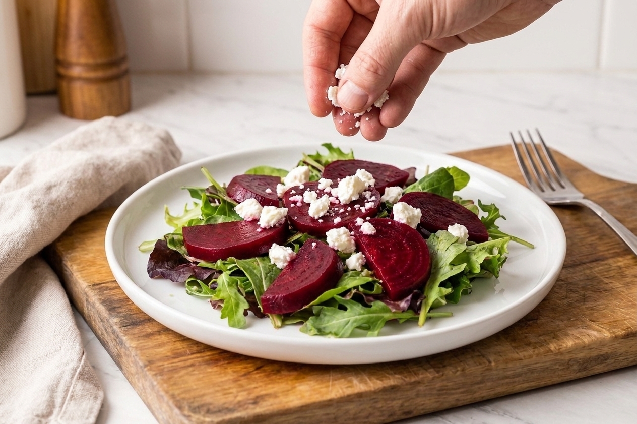A simple salad plate topped with pickled beet slices, goat cheese, and greens on a wooden table setting