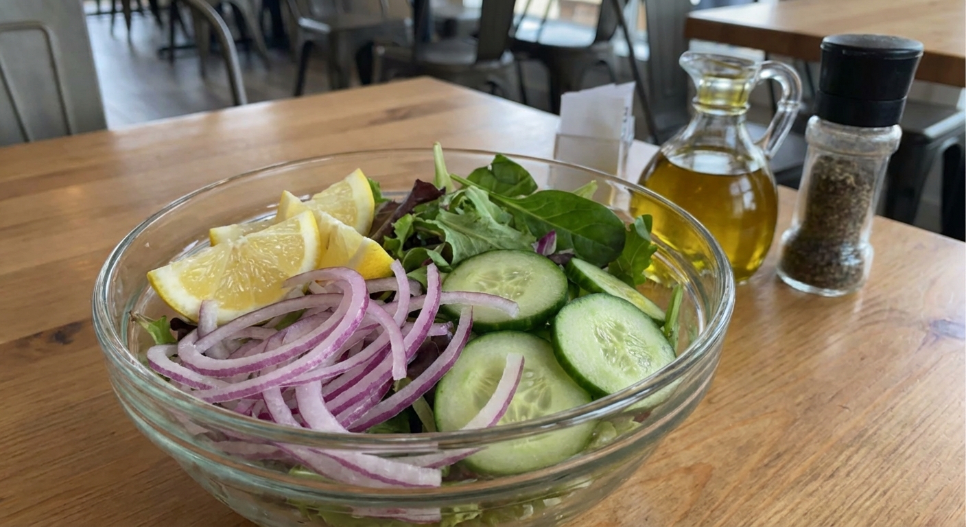 A simple salad with sliced onions, cucumbers, and lemon wedges