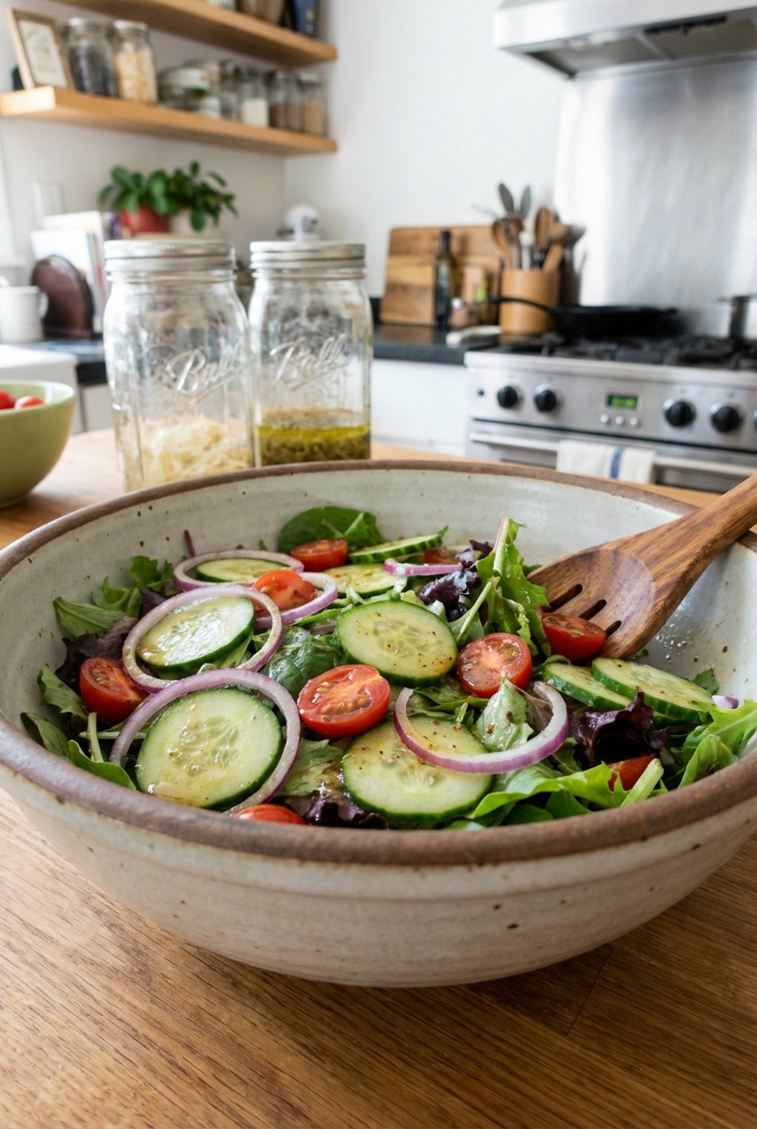 A simple side salad in a large bowl with cucumbers and vinaigrette