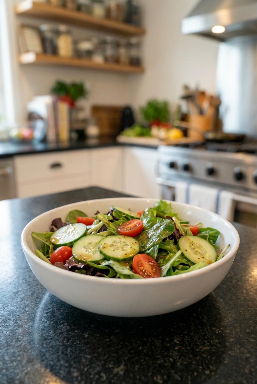 A simple side salad with cucumbers, cherry tomatoes, and vinaigrette in a white bowl