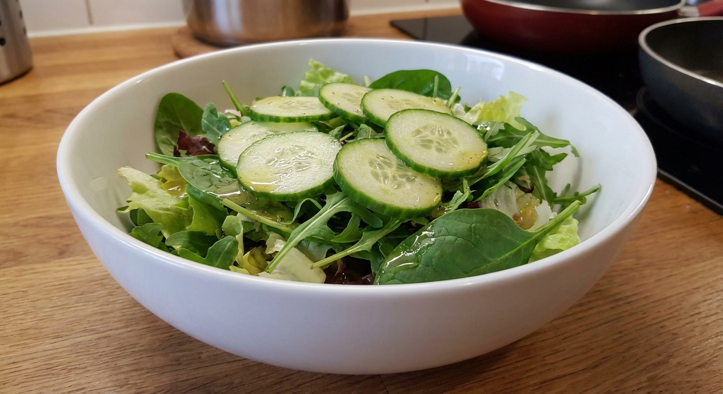 A simple side salad with mixed greens, cucumber, and lemon vinaigrette in a white bowl