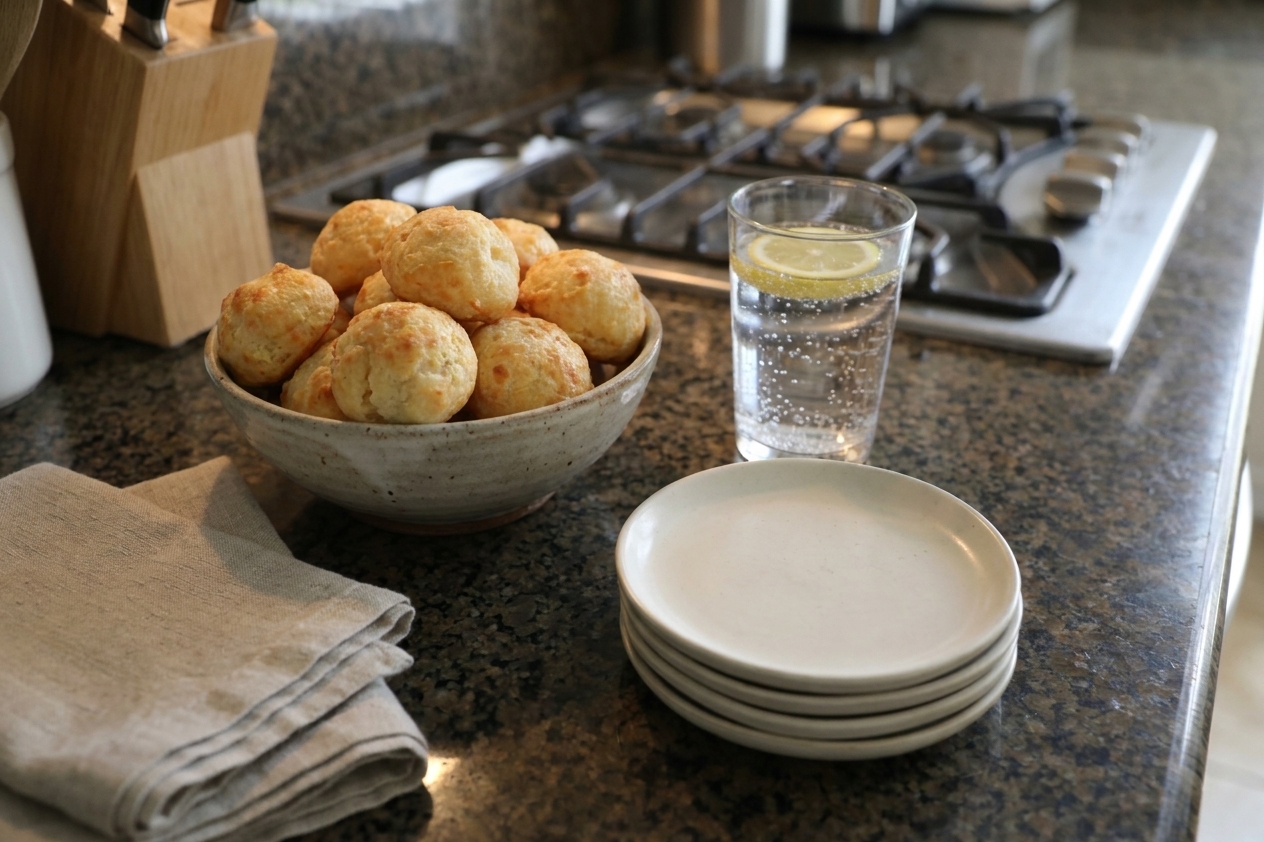 A simple table setting with a bowl of gougères, small plates, napkins, and a glass of sparkling water in soft evening light