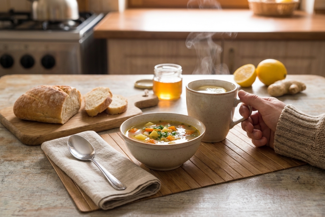 A simple table setting with a mug of tea, a bowl of soup, and a folded napkin on a wooden table under warm light