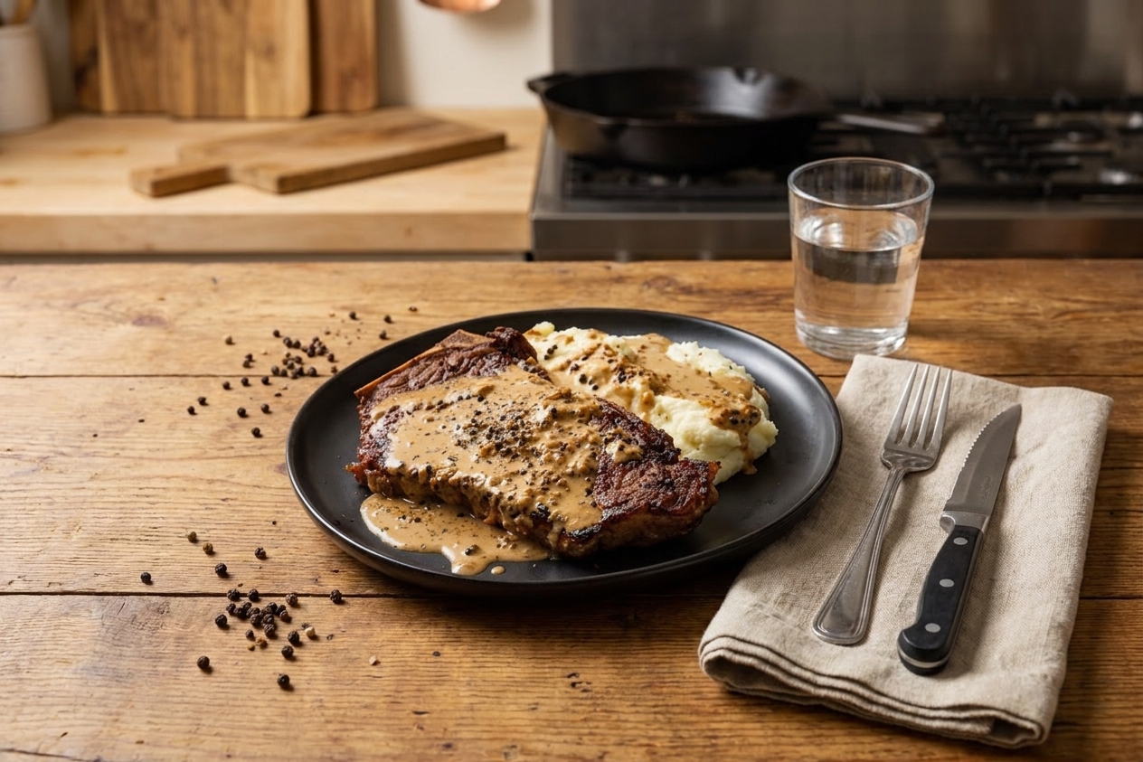 A simple table setting with a plated steak au poivre and creamy peppercorn sauce, a linen napkin, and a glass of water under warm kitchen lighting