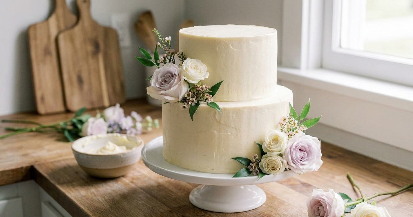 A simple two-tier vanilla wedding cake with smooth buttercream, subtle texture, and fresh flowers on a white cake stand