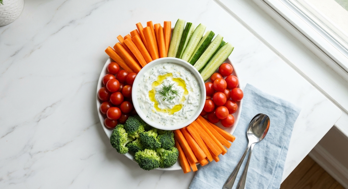 A simple vegetable tray with carrot sticks, cucumber spears, cherry tomatoes, and broccoli florets arranged around a bowl on a bright kitchen counter