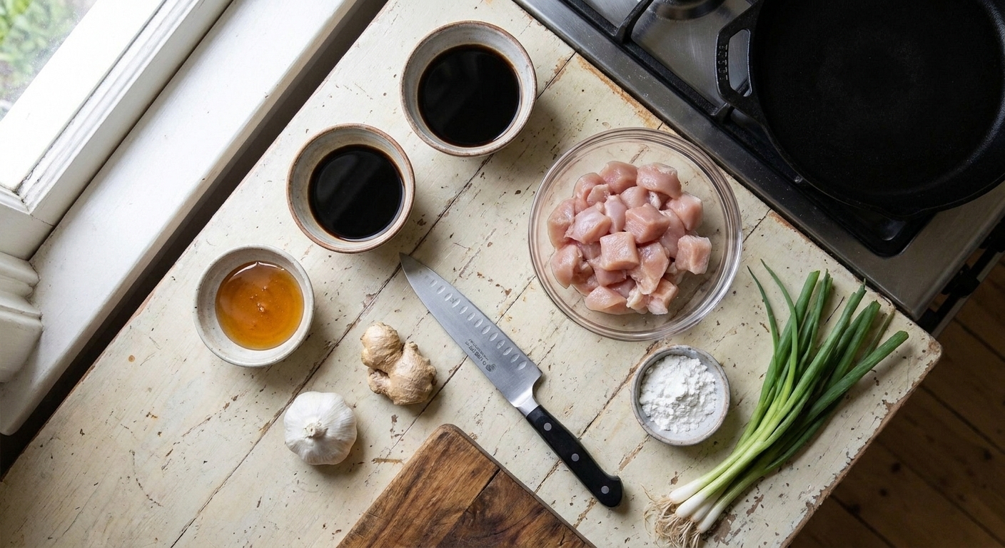 A simple weeknight setup of honey, soy sauce, garlic, ginger, chicken, cornstarch, and green onions arranged on a light kitchen counter