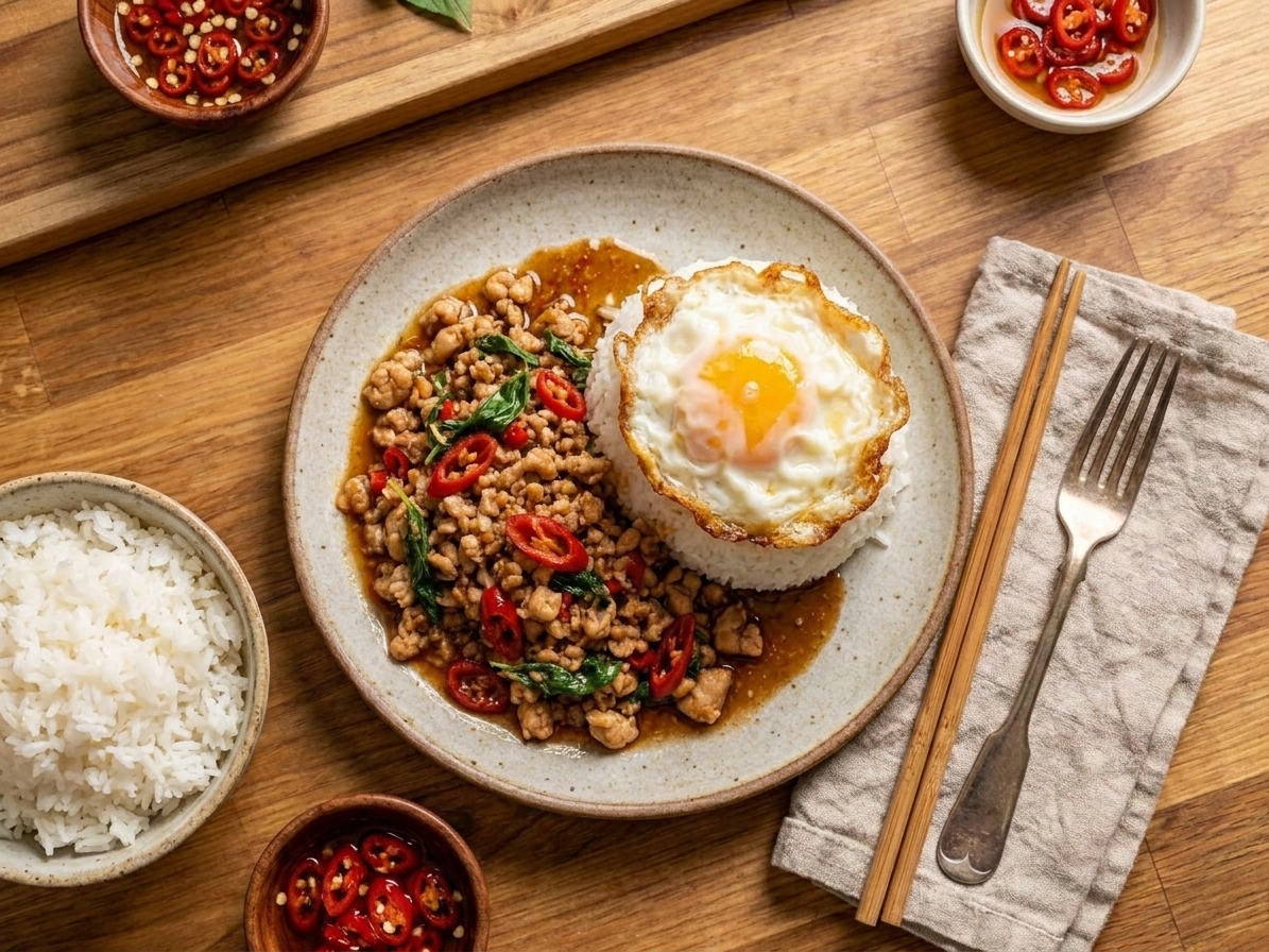 A simple weeknight table setting with a bowl of jasmine rice, a plate of basil stir-fry topped with a fried egg, and chopsticks and a fork on a wooden table