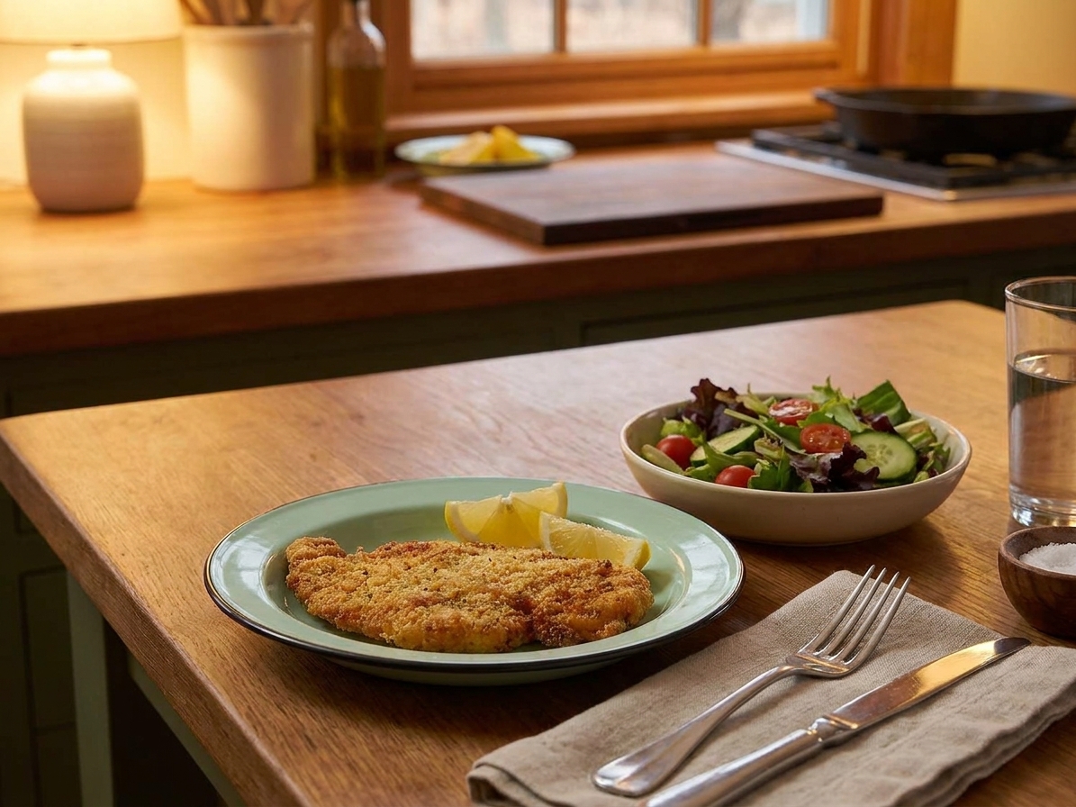 A simple weeknight table setting with a plate of crispy Parmesan chicken cutlets, a small bowl of salad, and lemon wedges in warm kitchen lighting
