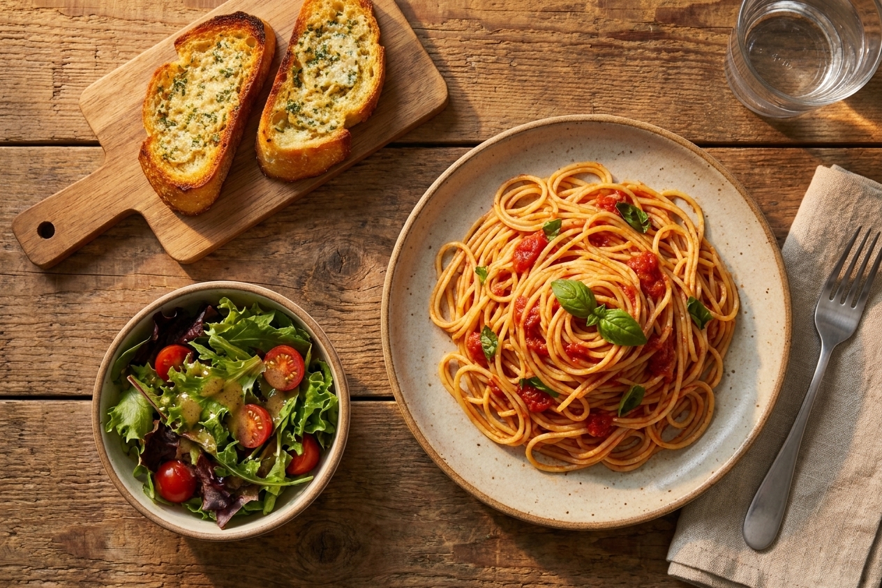 A simple weeknight table setting with a plate of pasta, a small salad, and two slices of garlic toast on a wooden table under warm light