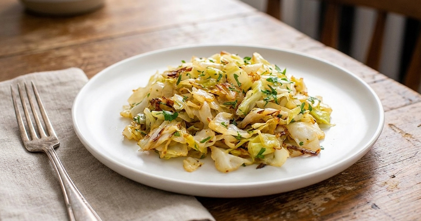 A simple white plate with a mound of sautéed cabbage with browned edges, set on a dinner table with a fork and neutral linen napkin