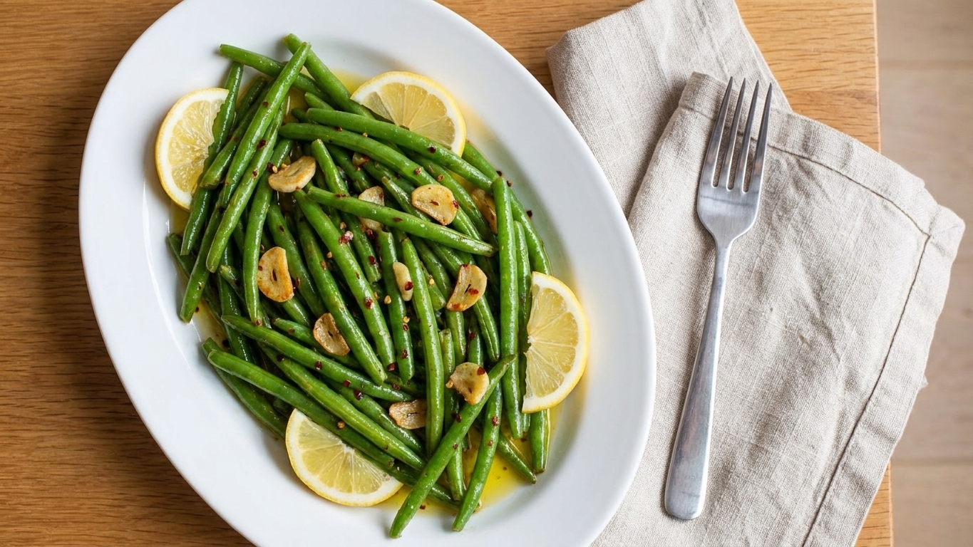 A simple white serving platter filled with garlic lemon green beans on a dinner table with a linen napkin and fork