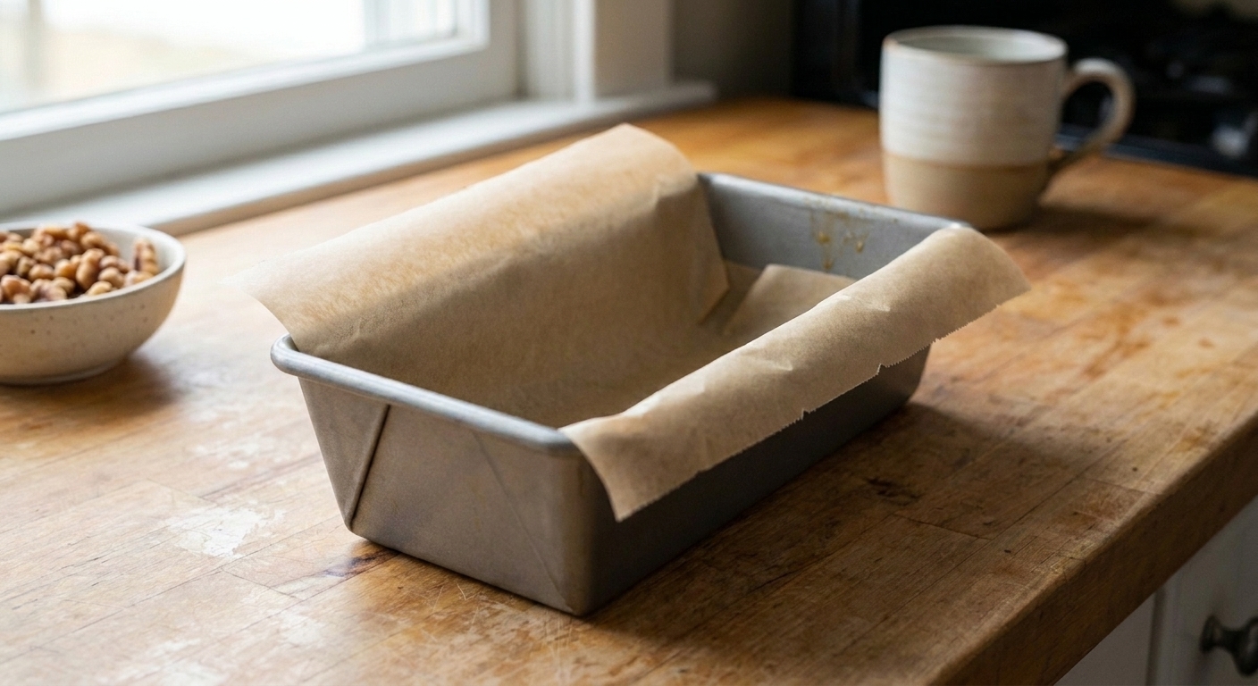 A single 9x5-inch loaf pan lined with parchment paper on a kitchen counter