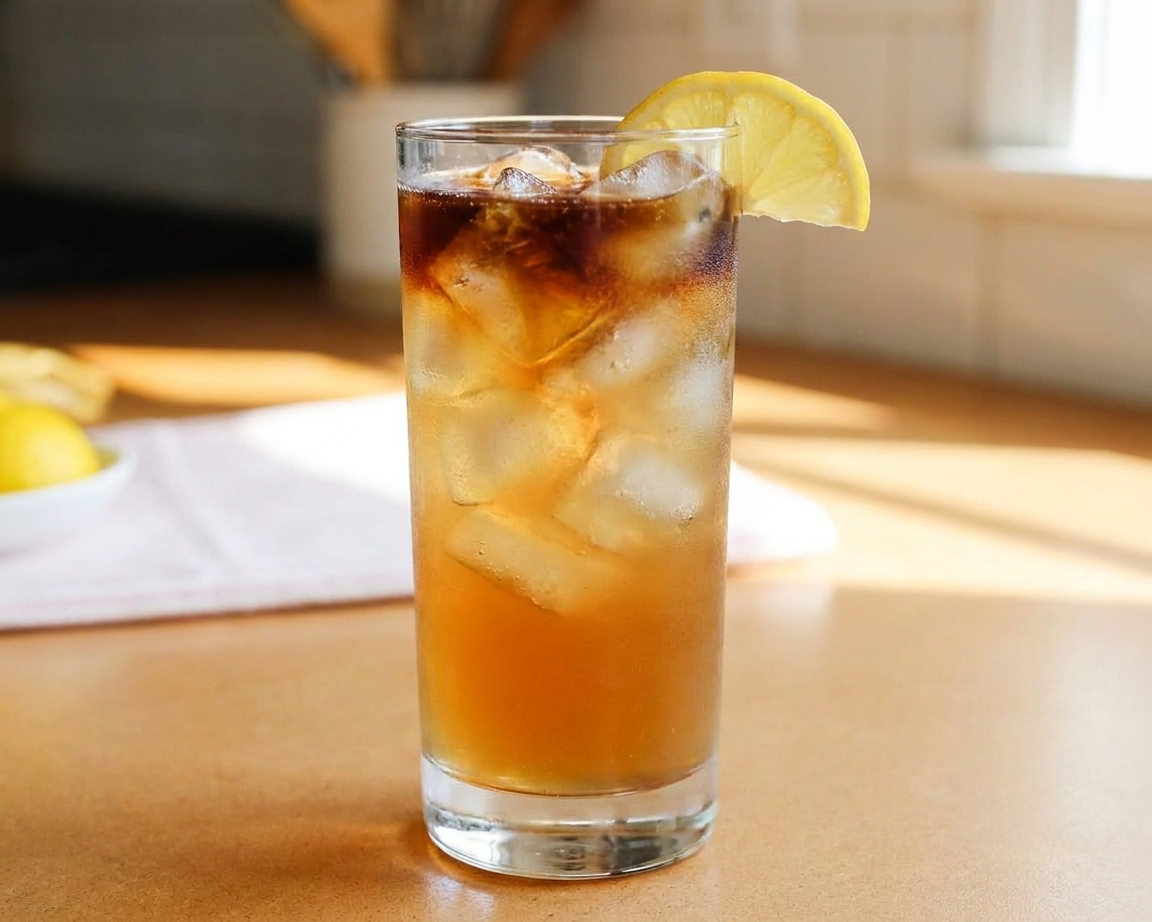 A single Long Island Iced Tea in a tall highball glass with ice, a light cola float, and a lemon wedge on the rim on a warm kitchen counter
