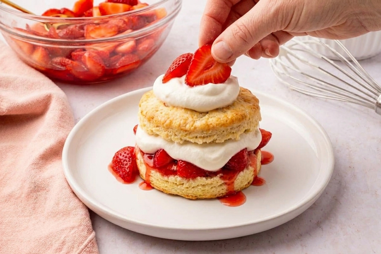 A single assembled strawberry shortcake on a plate with strawberries and their syrup dripping slightly and a generous dollop of whipped cream