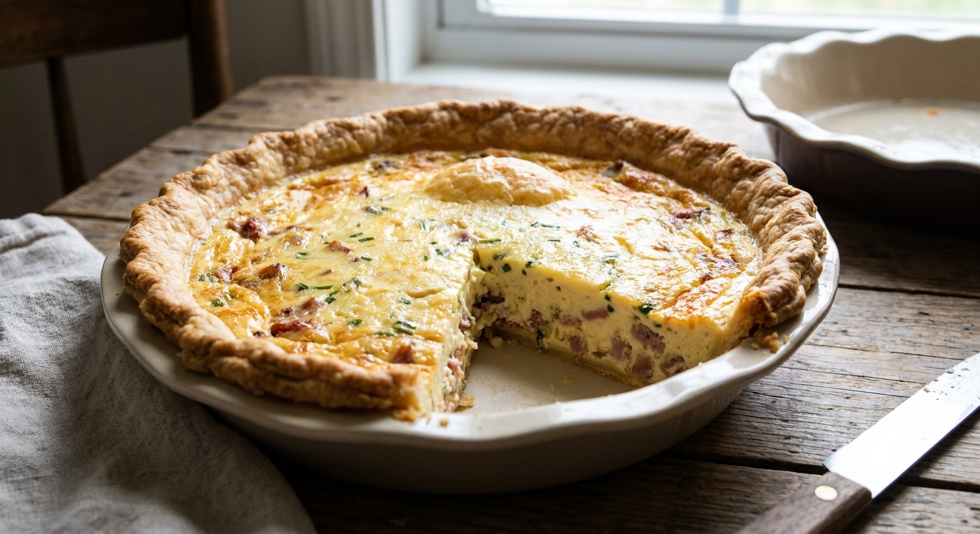 A single baked classic quiche with a golden-brown crust and lightly puffed center on a rustic wooden table, sliced to show the creamy custard inside, natural window light