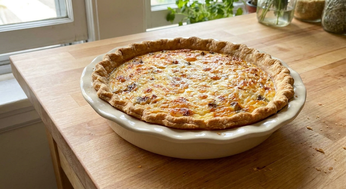 A single baked quiche in a ceramic pie dish on a bright kitchen counter, with a golden flaky crust and lightly browned top, natural window light