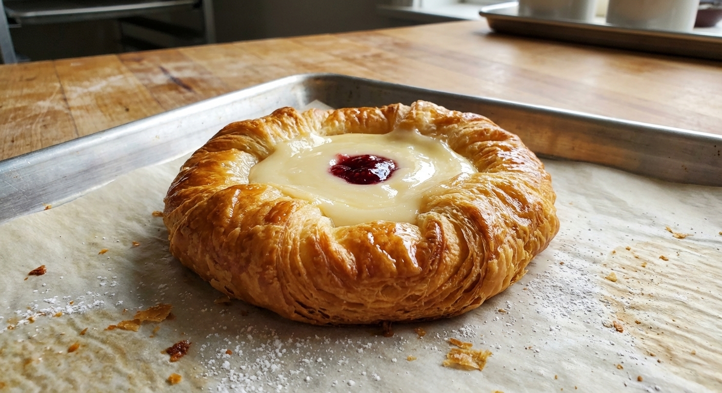 A single bakery-style cheese danish on a parchment-lined sheet pan, golden and flaky with a glossy cream cheese center and a small jam well, natural window light