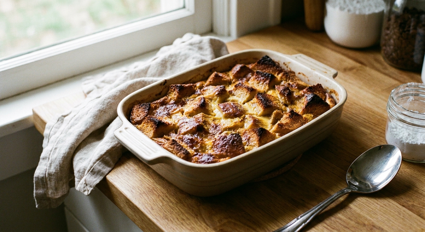 A single baking dish of classic bread pudding with a deeply golden top and visible cubes of bread, set on a cozy kitchen counter with soft natural window light, real food photography style