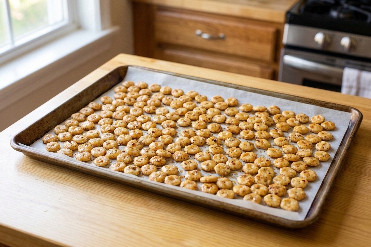 A single baking sheet filled with seasoned oyster crackers spread in an even layer before baking