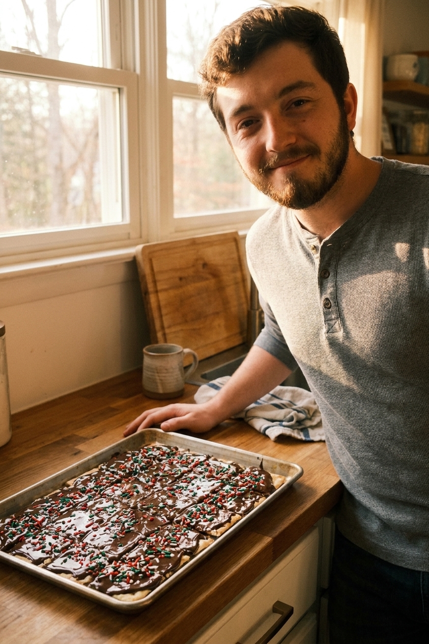 A single baking sheet of saltine toffee Christmas crack with glossy melted chocolate and colorful sprinkles, cooling on a kitchen counter in warm natural light