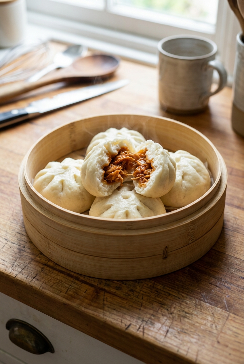A single bamboo steamer basket on a kitchen counter filled with fluffy white chicken pao buns, one bun opened to show saucy shredded chicken inside