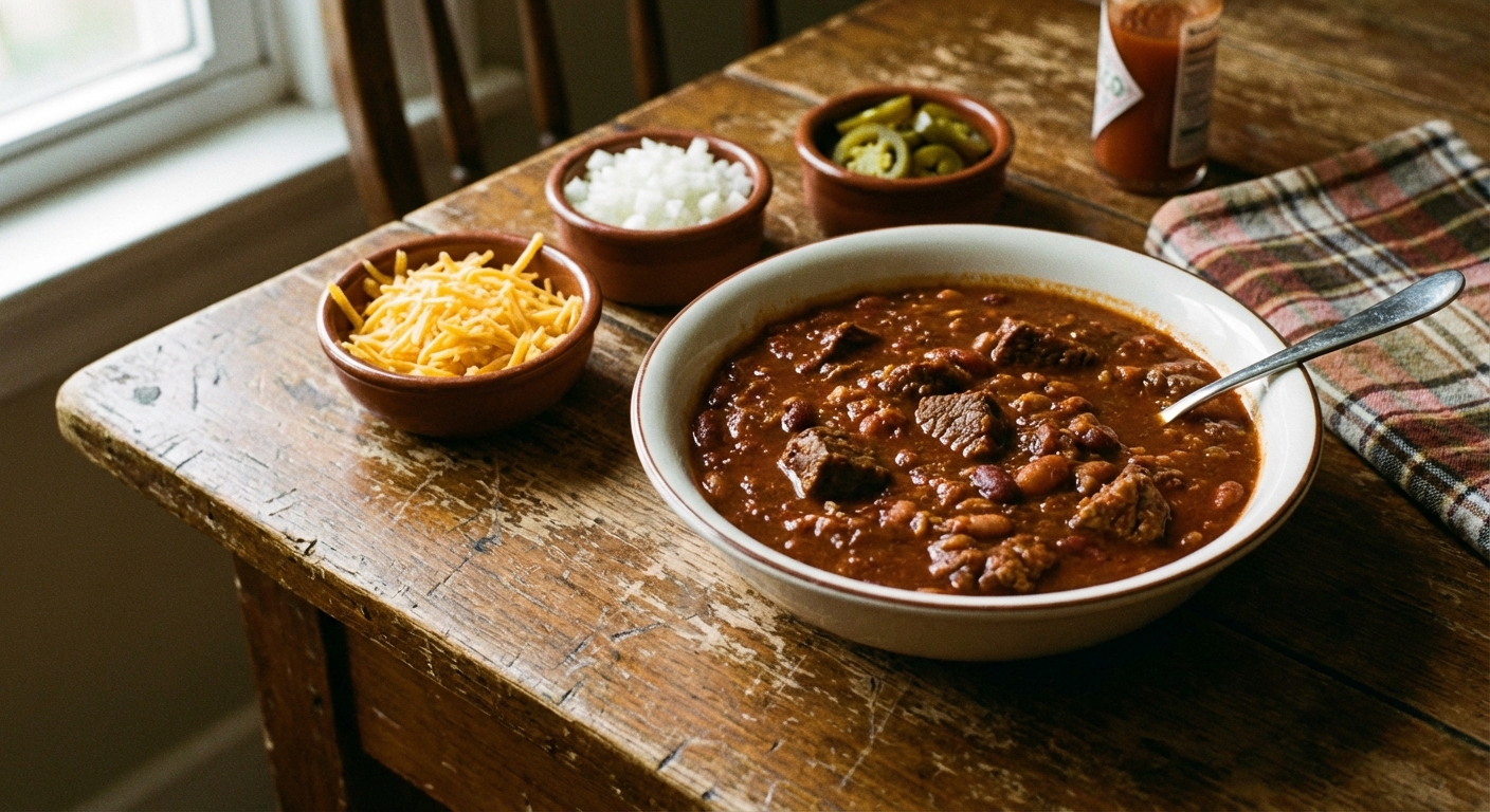 A single bowl of beef chili on a wooden table with shredded cheddar, diced onion, and jalapeno slices nearby
