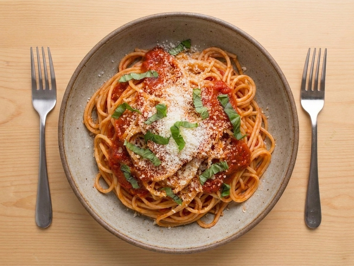 A single bowl of spaghetti coated in glossy tomato sauce with grated Parmesan and basil on a simple stoneware plate on a warm kitchen table