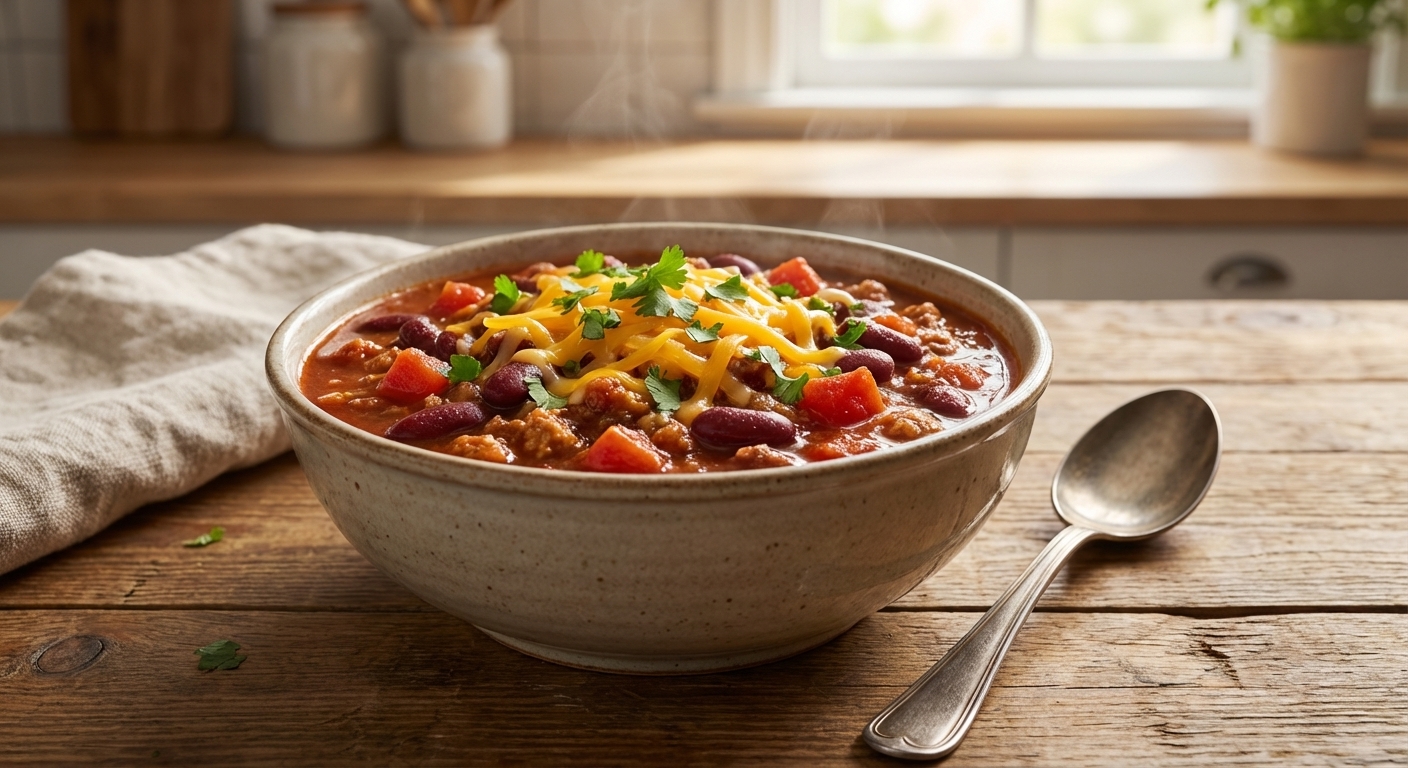 A single bowl of turkey chili with kidney beans and diced tomatoes, topped with shredded cheddar and chopped cilantro, sitting on a wooden table with a spoon beside it, warm natural kitchen light, photorealistic food photography