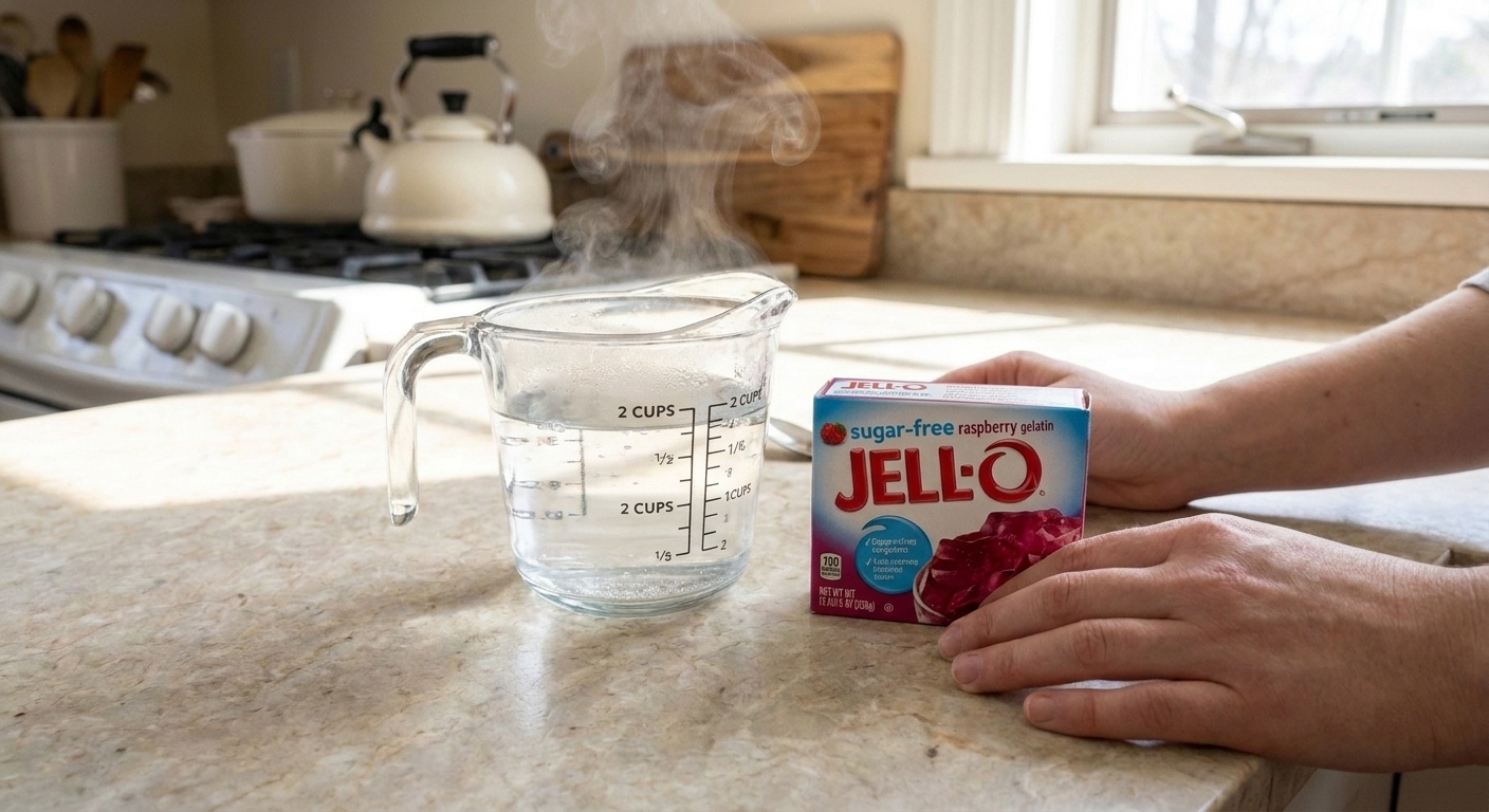 A single box of sugar-free gelatin beside a measuring cup of boiling water on a kitchen counter