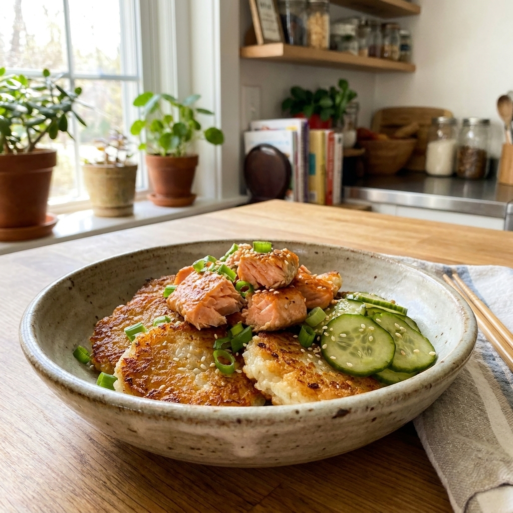 A single ceramic bowl filled with golden, crispy pan-fried rice cakes topped with flaky salmon, sliced cucumber quick pickles, scallions, and sesame seeds on a wooden counter in a bright home kitchen